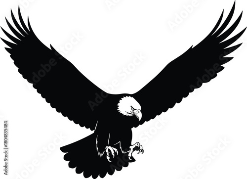 Flying bald eagle silhouette with spread wings and sharp talons, black bird of prey vector illustration isolated on white.