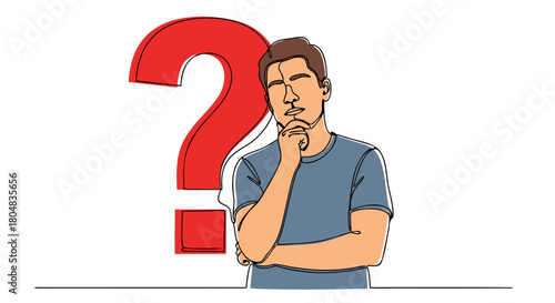 Man contemplating an important question with a large red question mark drawn in a smooth continuous line art style, symbolizing critical thinking and problem-solving