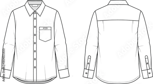 Men's button down shirt technical fashion illustration, vector flat sketch with chest pocket and curved hem front and back view.