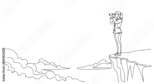 Continuous line drawing of a determined businesswoman on a cliff edge, using binoculars to scan the vast horizon, symbolizing foresight and future exploration