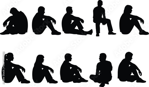 Set of people silhouettes sitting on the floor, men and women resting in various poses isolated on white background.