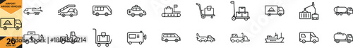 Airport and logistics vehicle icons set, including ground support equipment, transportation, cargo, and passenger services Vector