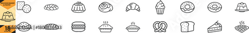 Outline delicious bakery and pastry icons set, a diverse collection of sweet and savory baked goods symbols Vector