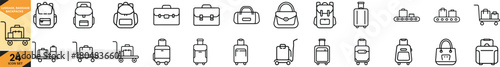 Comprehensive collection of travel and baggage line icons: suitcases, backpacks, bags, trolleys, and conveyors Vector