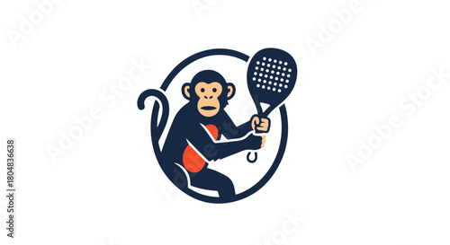 A playful monkey enjoying a padel tennis game, holding a racquet, within a circular emblem design