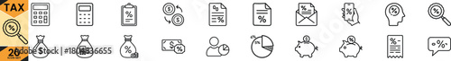 Tax and finance line icons set for accounting, budgeting, money management, and financial planning solutions Vector