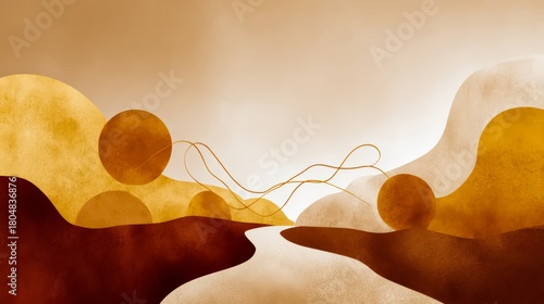 Painting of a landscape with a river and mountains. The painting is in shades of brown and orange