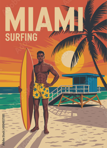 Miami  beach poster featuring surfer with surfboard, lifeguard house, palm trees, ocean coast, and vintage vector illustration perfect for wall art and travel decor.