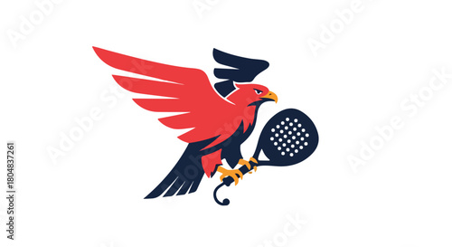 A powerful red eagle mascot holding a padel racket, a dynamic sports team logo vector graphic illustration available as an EPS file