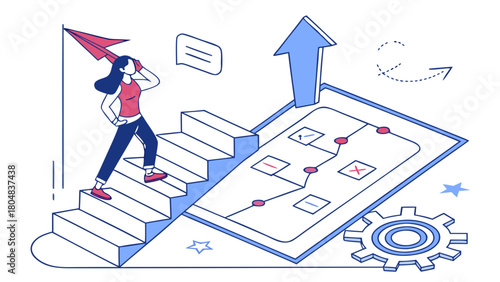 Ambitious girl holding glowing 2D blueprint of her dreams in 3D environment showing practical steps and hope