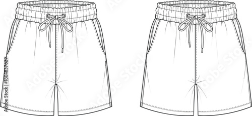Men's sweat shorts technical fashion illustration, vector flat sketch mockup with elastic waistband, drawstring and pockets front view.