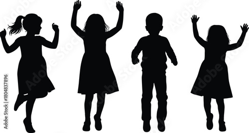 Set of happy children silhouettes jumping and dancing with hands up, active kids group isolated on white background.
