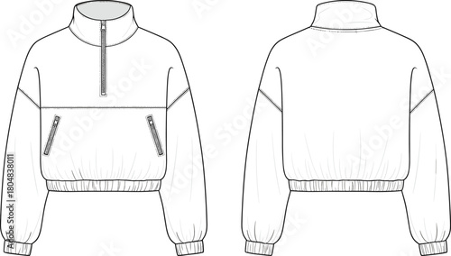 Women's oversized half zip sweatshirt technical fashion illustration, vector flat sketch mock up with stand collar and pockets front back.