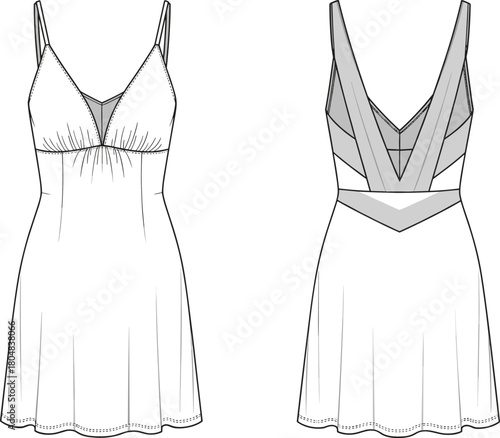 Women's slip dress technical flat sketch, lingerie nightgown template, front and back view, fashion design apparel mock-up, V-neck babydoll, isolated vector illustration.