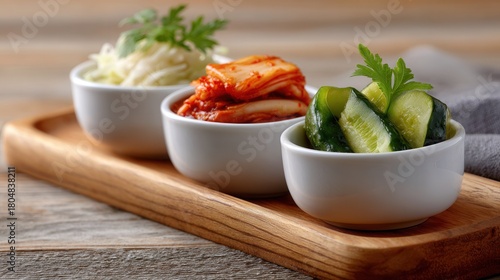 Three small bowls containing kimchi, pickled cucumbers, and shredded cabbage on a wooden tray, perfect for a Korean meal setting.