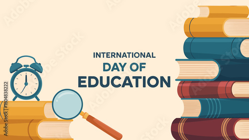 International day of education banner with essential learning tools