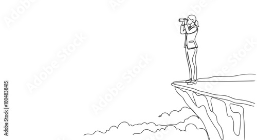 Continuous line drawing of a woman using binoculars on a cliff edge, 4