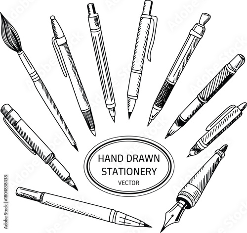 Collection of hand drawn writing instruments and stationery items in sketchy style