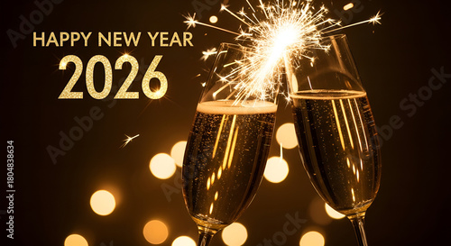 Luxurious New Year 2026 celebration scene, elegant gold and emerald green colour palette, champagne glasses clinking, confetti falling, upscale party environment, ultra-realistic photography style