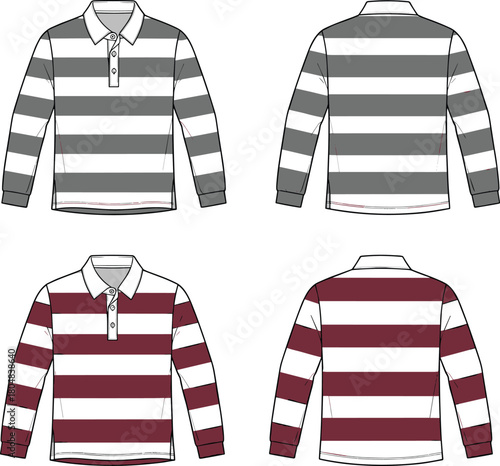 Long sleeve striped polo shirt technical flat sketch, front and back view, rugby jersey vector template, fashion design apparel mock-up, isolated set.