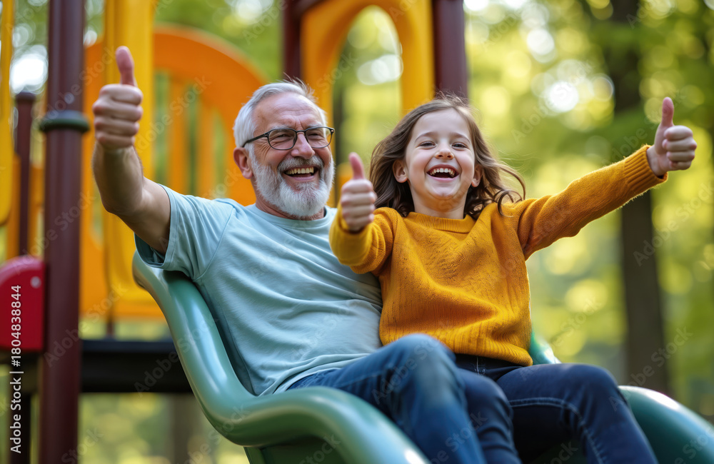 Obraz premium Senior man, little girl slide down green playground. Grandfather, granddaughter laugh out loud, give thumbs up. Enjoy cheerful, active family time. Happy generations bond outdoors in park sunlight.