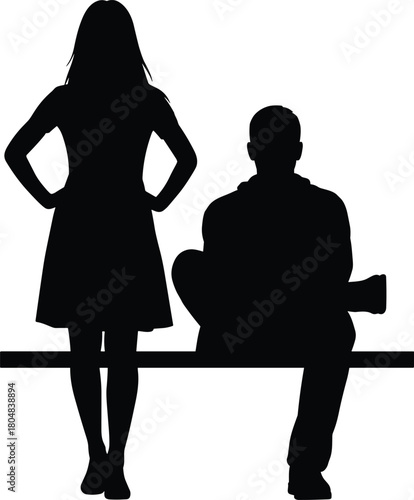 Couple silhouette in disagreement, woman standing with hands on hips, man sitting on bench, relationship problems, isolated vector.