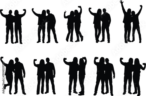 Set of couple silhouettes taking a selfie, friends with smartphone, man and woman posing for photo, isolated vector illustration.