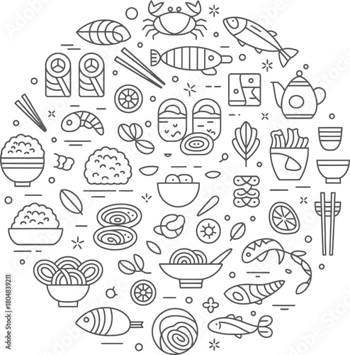 Circle of japanese food icons and symbols hand drawn outline style