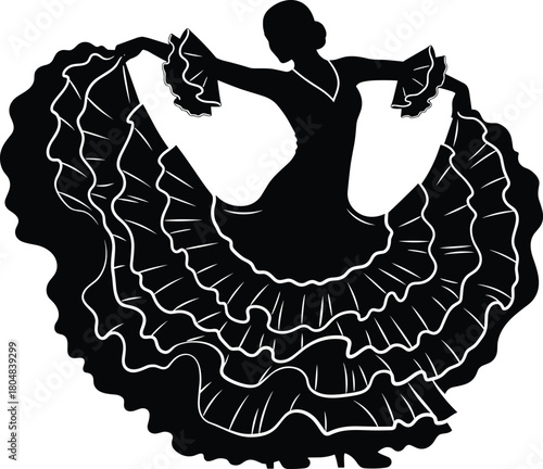 Flamenco dancer silhouette, Spanish woman in ruffled dress. Elegant dancing pose, isolated black vector graphic, traditional dance icon.