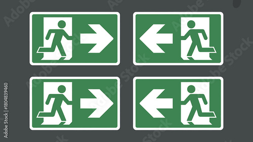 Emergency exit signs showing directions, safe escape routes