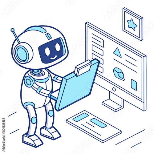 Ai robot holding a clipboard and looking at computer isolated on