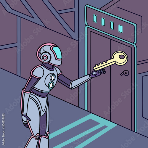 Robot holding a key in front of a door in a futuristic setting, vector art