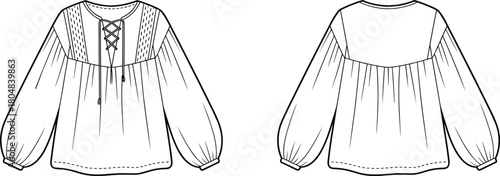 Women’s blouse fashion flat sketch with lace‑up neckline, gathered sleeves, and yoke detail, technical apparel vector for garment design education