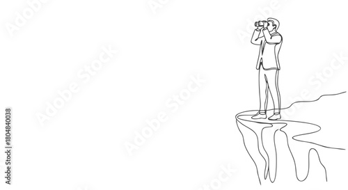 Continuous line drawing of a businessman on a cliff looking through binoculars, business vision
