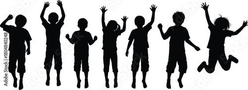 Jumping children silhouettes, set of happy kids in motion. Boys and girls playing, isolated black vector graphic, childhood joy icons.