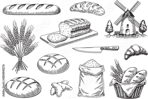 Hand drawn sketch collection of fresh baked breads and bakery items with windmill illustration