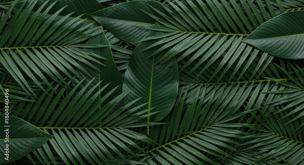 Fototapeta premium Tropical palm leaves overlapping in a lush green pattern creating a natural exotic jungle backdrop and vibrant botanical texture