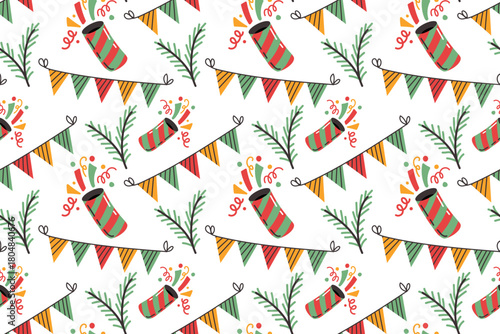 Festive seamless pattern with firecrackers and garlands. Hand-drawn illustration. New Year decor for banners, wallpaper, cards, and packaging.