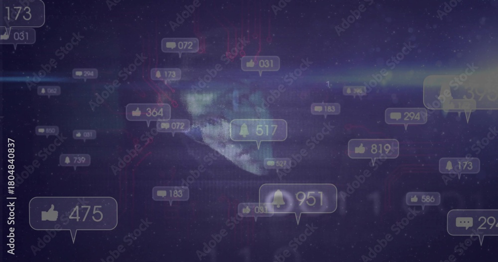 Fototapeta premium Floating cluster of notification badges pulsing over virtual HUD moon backdrop, displaying counters