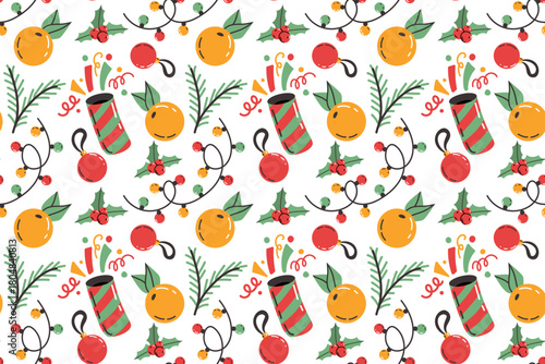 Festive seamless pattern with Christmas decorations. Colorful garlands and firecrackers are hand-drawn. New Year's decor for banners, wallpaper, cards, and packaging.