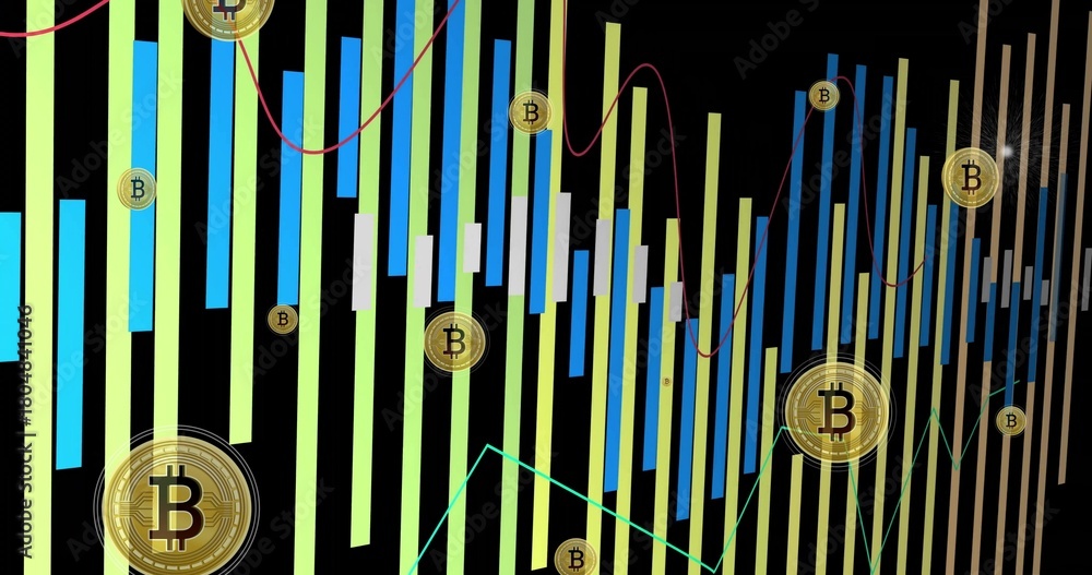 Fototapeta premium Bitcoin graphic filling dark trading screen, showing gold coins, green cyan bars, candlesticks