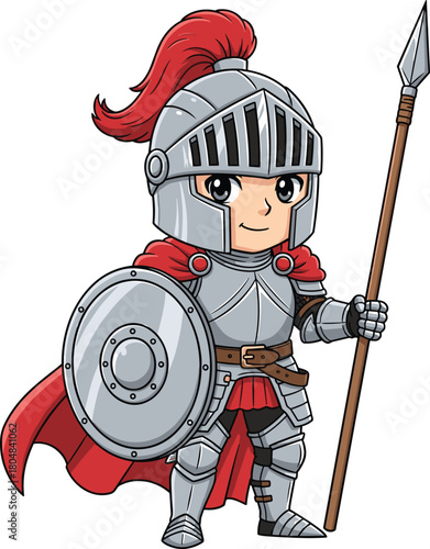 Cute cartoon knight in full armor, holding shield and spear. Chibi warrior character, vector illustration, isolated medieval hero, red cape.