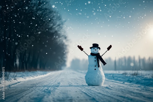Snowman stands on a snowy road, with a scarf around his neck and a hat on his head. The scene is peaceful and serene