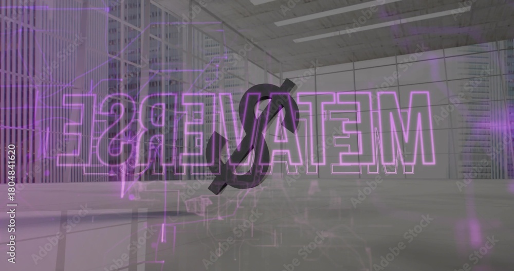 Fototapeta premium Projecting METAVERSE hologram with floating 3D dollar inside hall, metal stairs beams shiny floor