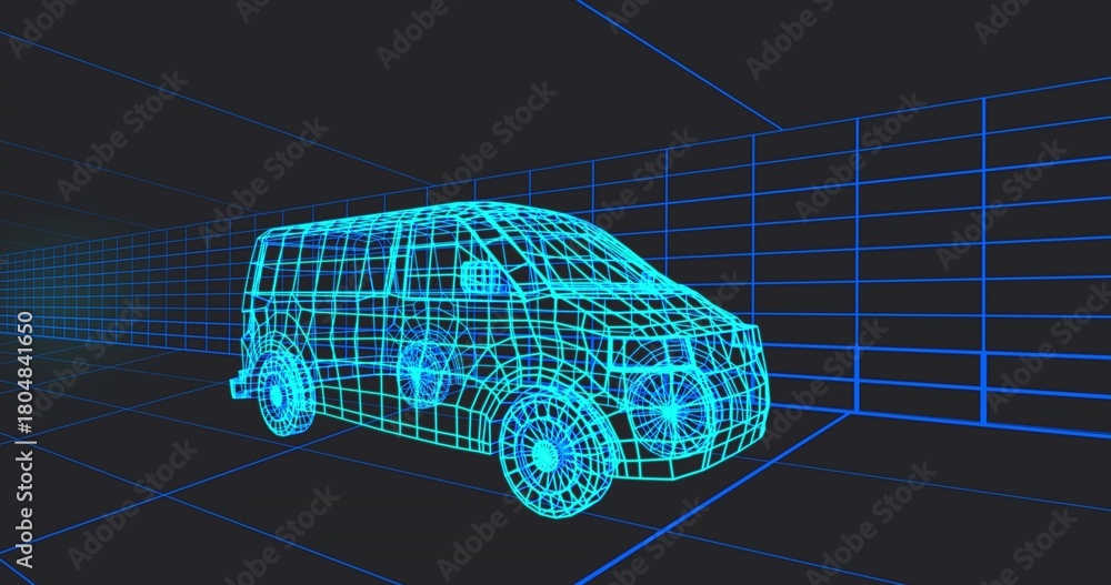 Fototapeta premium Displaying cyan wireframe van model rotating in 3D studio, with floor grid and vanishing point