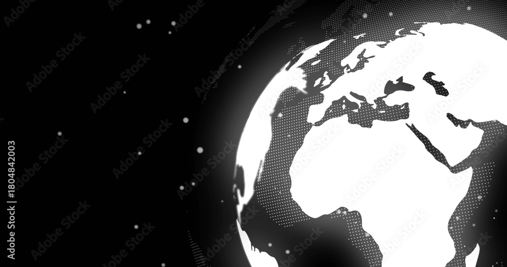Fototapeta premium Displaying stylized globe showing Africa Europe Mideast on right, with halftone dots, halo, stars