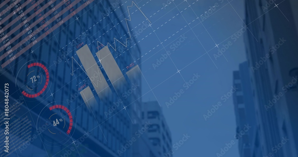 Obraz premium Displaying financial overlay over downtown canyon, showing bars, line, two gauges, upper left strip