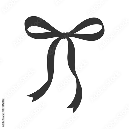 Coquette bow, black silhouette drawing. Simple illustration of vintage tied ribbon. Wedding, birthday gift sketch in retro style. Cute girly hairstyle accessories, vector illustration. Doodle lace.