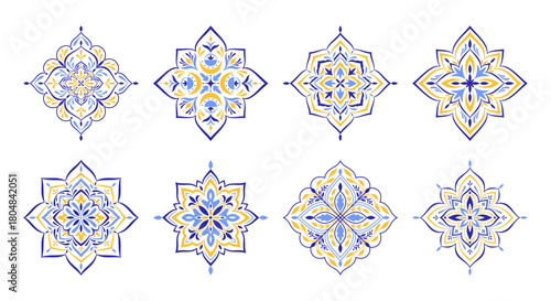 Mediterranean patterns set. Blue yellow traditional Spanish, Portuguese, Sicilian, Italian motifs on white background. Floral mosaic design. Geometric ethnic ornament for ceramic. Vector illustration