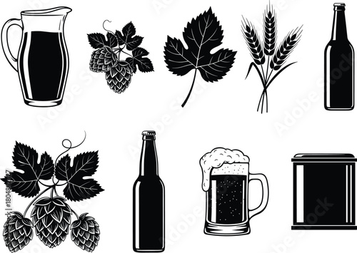 Beer icon set, craft beer brewing elements, vector silhouettes of hops, wheat, mug, bottle, pitcher, isolated on white background.